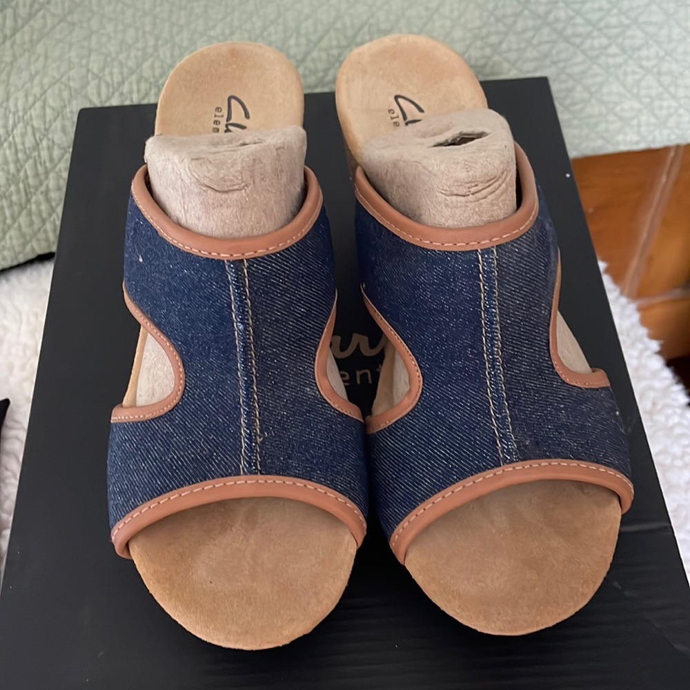 Clarks Wedge heel sandals. Size 7.  Blue denim with leather accents. Cork wedge